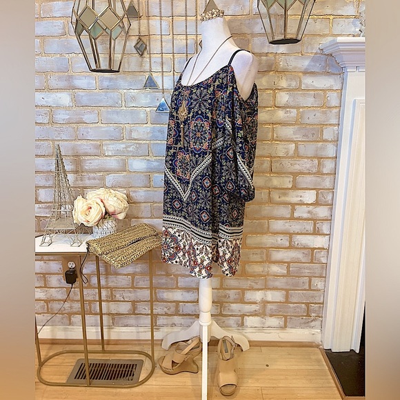 Bailey Blue Boho Print Cold Shoulder Sheath Dress, Women’s Size Small. - Picture 3 of 15